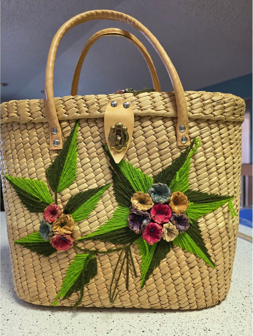 Vintage 70's Handwoven Straw Tote Bag with Floral Embroidery and Leather Handles